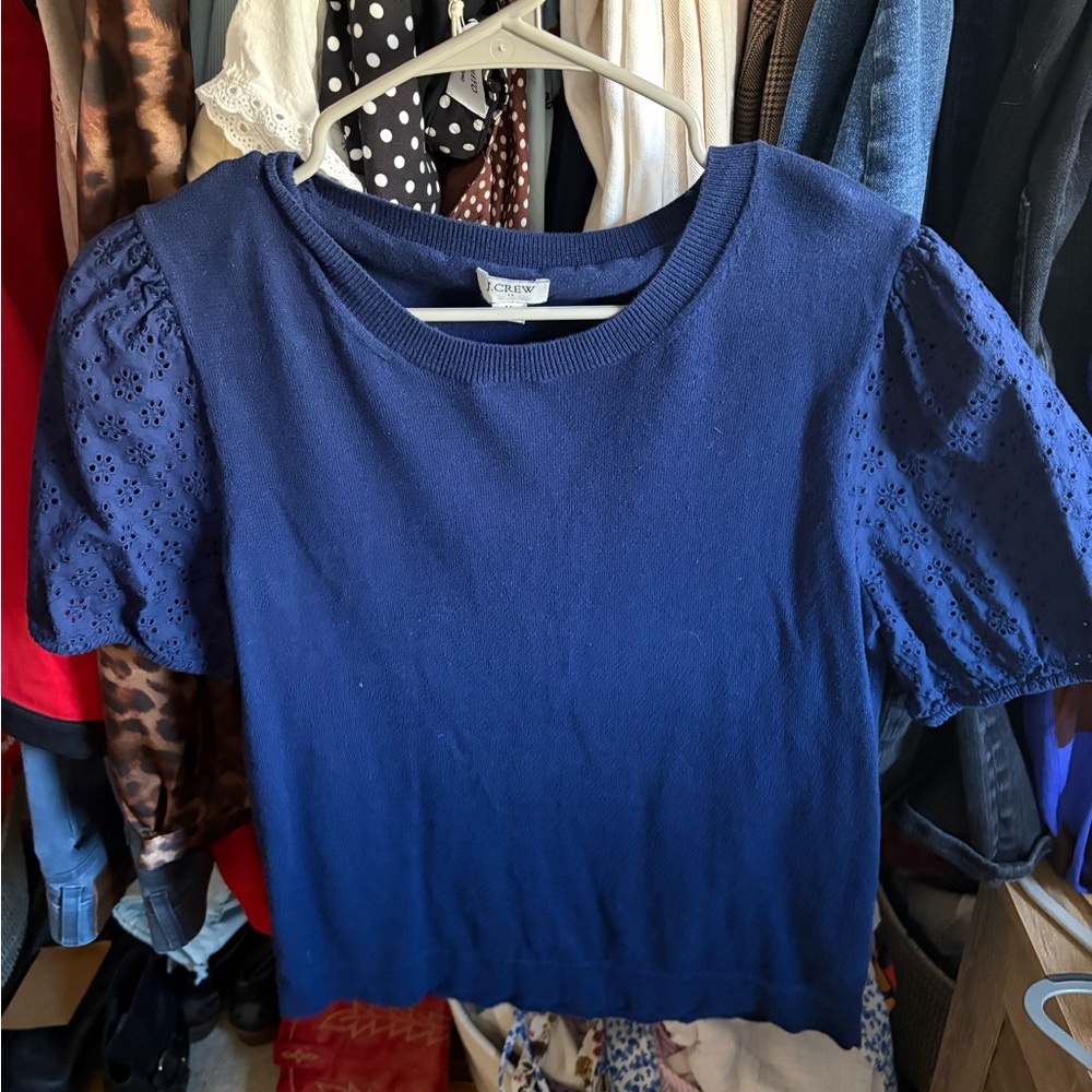 J. Crew Navy Eyelet Puff-Sleeve Knit Top